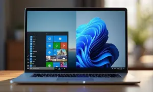 Laptop z podzielonym ekranem: po lewej menu Start Windows 10, po prawej tapeta Windows 11. Jak podzielić ekran na 2?