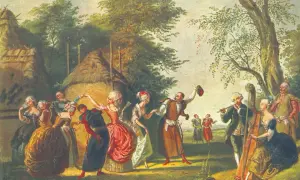 Barwny taniec ludowy przy akompaniamencie muzyki. W tle widać chaty kryte strzechą, a na pierwszym planie tańczący ludzie w strojach z epoki. Nie ma tu żadnego posągu.
