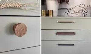 Detaljer på en ljusgrön byrå med olika handtag. Ett runt trähandtag, ett mässingshandtag och ett avlångt trähandtag. Vackert att måla på faner.
