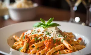 En tallrik penne med krämig tomatsås, toppad med parmesan och basilika. Perfekt till ett glas vin till vodkapasta.