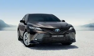 Elegancka, ciemnobrązowa Toyota Camry Hybrid 2020 zaparkowana nad jeziorem, gotowa na podróż.
