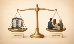 Waga szalkowa symbolizuje rozważania o darowiźnie i zachowku. Na jednej szalce budynek z kluczami, na drugiej rodzina.
