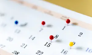 Kolorowe pinezki na kalendarzu przypominają o terminach. Kiedy trzeba wykorzystać zaległy urlop? Zaplanuj go!