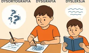 Chłopiec zmagający się z dysortografią pisze, a obok niego inni z dysgrafią i dysleksją.