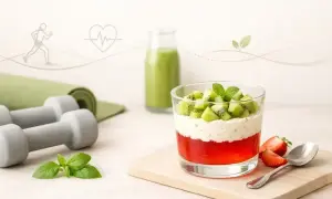 Zdrowy deser z kiwi i truskawkami. Zastanawiasz się, ile kalori ma galaretka? Ten deser to lekka przekąska.