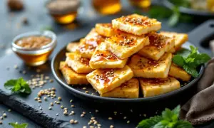 Carrés de halloumi grillé, nappés d'une sauce dorée et parsemés de graines de sésame. Une garniture de menthe fraîche complète ce plat appétissant.