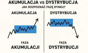 Akumulacja vs dystrybucja: jak sprawdzić fazy w domu. Wykresy pokazują trend wzrostowy (akumulacja) i spadkowy (dystrybucja).