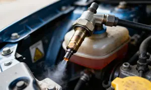 Un injecteur grippé émet de la vapeur. Le moteur de la voiture est ouvert, révélant le système d'injection.