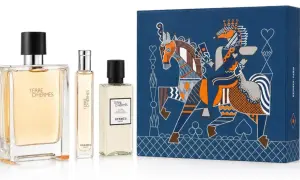 Zestaw kosmetyków Terre d'Hermès 100ml z eleganckim pudełkiem ozdobionym motywem konia i kart.