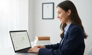Uśmiechnięta kobieta planuje urlop stażowy na kalendarzu wyświetlanym na laptopie.