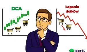Zastanawiający się mężczyzna porównuje strategię DCA z łapaniem dołków. Po lewej wykres rosnący z wózkami, po prawej spadający.