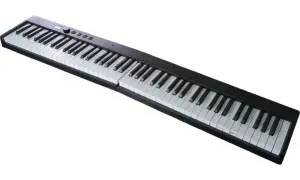 Czarny, przenośny keyboard z białymi i czarnymi klawiszami. Idealny do nauki gry na pianinie.