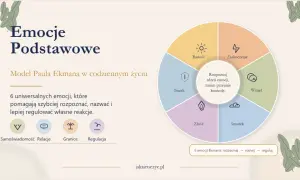 Model Paula Ekmana: 6 uniwersalnych emocji (radość, zaskoczenie, wstręt, złość, smutek, strach) pomaga rozpoznać i nazwać emocje, by lepiej regulować własne reakcje.