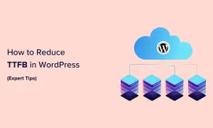 Jak zmniejszyć TTFB w WordPress? Grafika pokazuje chmurę z logo WordPress i serwerami, sugerując optymalizację.