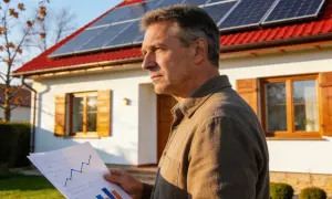 Mężczyzna z analizą danych przed domem z panelami słonecznymi. Planuje instalację banku energii 10kW.