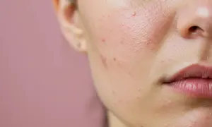 Primer plano de una cara con acné y poros visibles. Una guía visual para quienes buscan cómo cerrar los poros de la cara y mejorar la textura de la piel.
