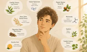 Joven pensativo rodeado de los crema reina ingredientes: extractos de té verde, avena, regaliz, ácido ascórbico, ácido hialurónico, aceite de argán, niacinamida, escualano y centella asiática.