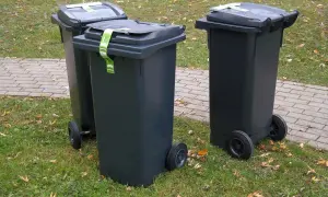 Trzy szare kosze na śmieci z zielonymi etykietami stoją na trawie obok chodnika.