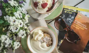 Fika med glass och smulpaj, perfekt för ett resmål i juni. Blommor och karta över Söderåsens nationalpark.