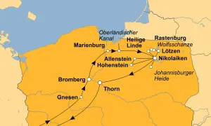 Karte mit Reiseroute durch Polen: Marienburg, Allenstein, Rastenburg, Wolfsschanze, Johannisburger Heide – spannende Dinge zu sehen!