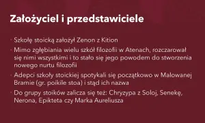 Zenon z Kition założył szkołę stoicką. W przeciwieństwie do epikureizmu, stoicyzm skupiał się na cnocie i rozumie.