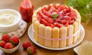 Délicieuse charlotte aux fraises, garnie de fruits rouges frais et entourée de biscuits à la cuillère. Un régal !