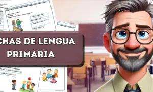 Un profesor sonriente presenta fichas de lengua para primaria con ilustraciones de niños.
