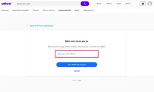 Page de confirmation pour comment supprimer une adresse mail Yahoo. Saisissez votre adresse pour effacer le compte.