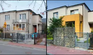 Przed i po: odnowiony dom kostka zyskał nowoczesny wygląd, nową elewację i kamienny mur.