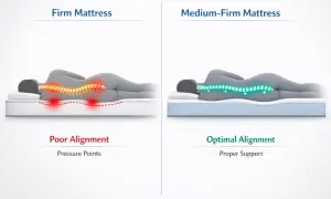 Diagram shows a firm mattress causing poor spinal alignment and pressure points, while a medium-firm mattress offers optimal alignment. This is key for the best mattress 2026.
