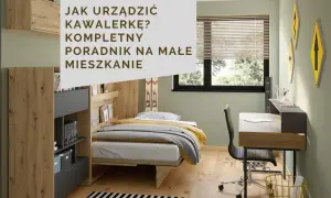 Urzadzona kawalerka: łóżko, biurko i regały tworzą funkcjonalną przestrzeń. Poradnik na małe mieszkanie.
