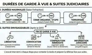 Schéma expliquant les durées maximales de garde à vue au commissariat et les suites judiciaires possibles : libération, convocation, comparution immédiate ou information judiciaire.