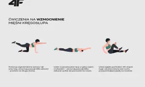 Ilustracja przedstawia trzy ćwiczenia na wzmocnienie mięśni kręgosłupa: na czworakach, leżąc na brzuchu i siedząc.