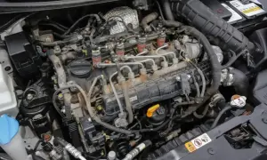 Silnik Hyundai i30 1.6 CRDi, widok z góry. Widać wtryskiwacze, przewody paliwowe i elementy układu dolotowego.