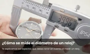 Un calibrador digital mide el diámetro de un reloj, mostrando 39.96 mm. Aprende cómo se mide la esfera de un reloj.