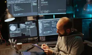 Mężczyzna pochyla się nad notatkami, otoczony ekranami z kodem. Intensywne programowanie studia w nocnej atmosferze.