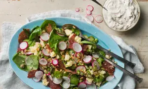 En härlig italiensk sallad med sparris, rädisor, salami och pinjenötter, serverad med en krämig dressing.