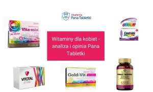 Różne opakowania witamin dla kobiet: Vita-min plus, Centrum ONA, Vitotal, Gold-Vit i Female Multiple.