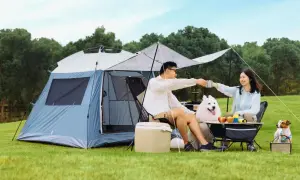 Para spędza miło czas, pijąc napoje przy namiocie. Wesołe jedzenie pod namiot z dwoma psami w tle.