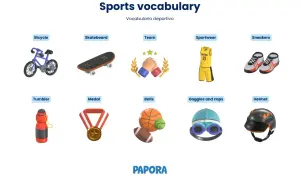 Aprende deportes en inglés para niños: bicicleta, patineta, equipo, ropa deportiva, zapatillas, termo, medalla, pelotas, gafas y casco.