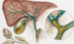 Illustration du foie, de la vésicule biliaire et des voies biliaires, montrant des dépôts jaunâtres suggérant une accumulation de bilirubine conjuguée.