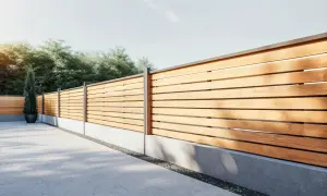 Ett modernt staket med horisontella ribbor i trä och grå betongsockel. En ensam cypress i kruka står vid staketet.