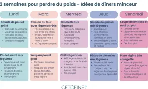 Exemple de régime pour maigrir : dîners variés pour 2 semaines. Salade de poulet, poisson, omelette, quinoa, soupe de lentilles, poulet sauté, wrap, chili, pâtes, pizza courgette.