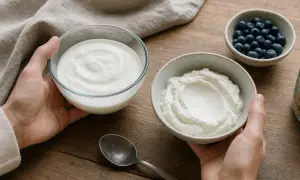 Due ciotole di yogurt, una liscia e una più densa, mostrano la differenza tra yogurt e yogurt greco.
