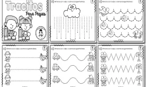 Hojas de fichas grafomotricidad con dibujos de niños, nubes, peces, monos, coches y palmeras para practicar trazos.