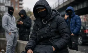 Czterech młodych mężczyzn w kapturach i maskach, w tym jeden w czarnej kurtce puchowej i torbie na piersi, prezentuje styl drill.