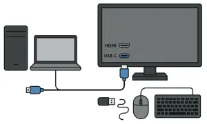 Ilustracja przedstawia połączenie komputera stacjonarnego, laptopa, monitora, klawiatury i myszy za pomocą kabli.
