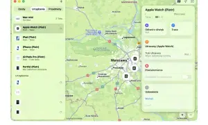 Jak znaleźć iPhone? Aplikacja Lokalizator pokazuje na mapie Warszawy urządzenia Piotra, w tym iPhone'a. Można odtworzyć dźwięk lub włączyć tryb utracony.