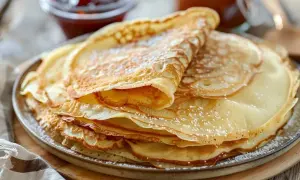 En hög med gyllene pannkakor, pudrade med florsocker. Perfekt för ett enkelt pannkakor recept.
