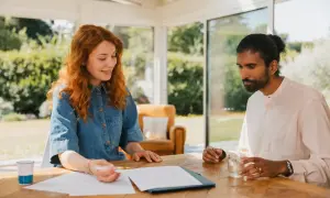 Coppia discute documenti, preoccupati per quando si perde la caparra per acquisto casa.